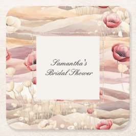 バーガンディクリーム ブラッシュ フローラル ブライダルシャワー スクエアペーパーコースター