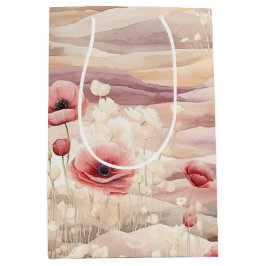 バーガンディクリーム ブラッシュ フローラル ブライダルシャワー ミディアムペーパーバッグ