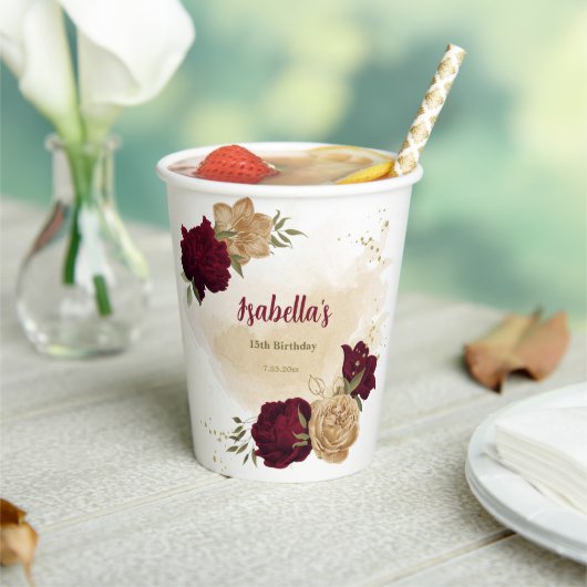 バーガンディグリーン ベージュ ゴールド ボタニカル 紙コップ (インサイチュ)