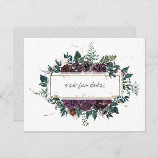 バーガンディグレーグリーン水彩フローラフレーム ノートカード (正面/裏面)
