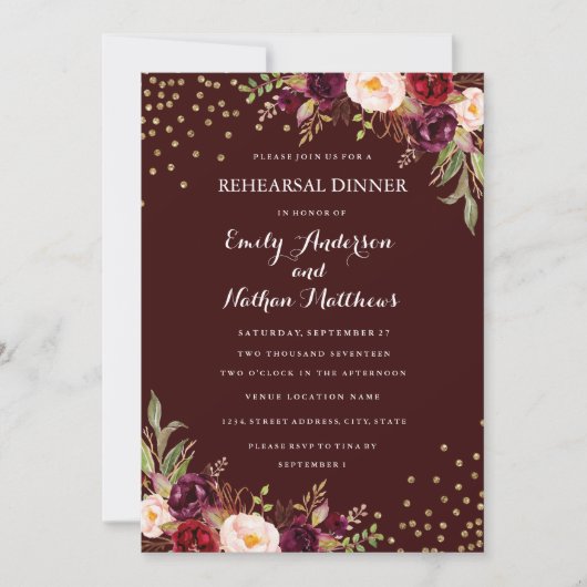 バーガンディゴールドのコンフェッティフラワーのリハーサルディナー 招待状 (正面)
