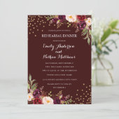 バーガンディゴールドのコンフェッティフラワーのリハーサルディナー 招待状 (スタンド正面)