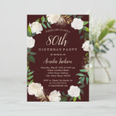 バーガンディゴールドの水彩画の花輪 80歳の誕生日 招待状 (スタンド正面)