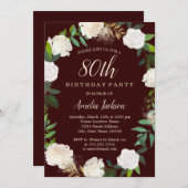 バーガンディゴールドの水彩画の花輪 80歳の誕生日 招待状 (正面/裏面)