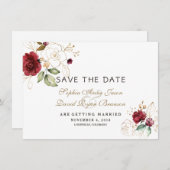 バーガンディゴールドの花の結婚式のSave The Date セーブザデート (正面/裏面)