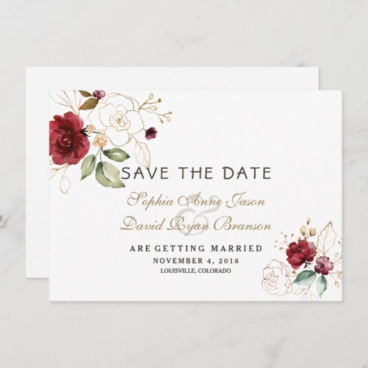バーガンディゴールドの花の結婚式のSave The Date セーブザデート (正面/裏面)