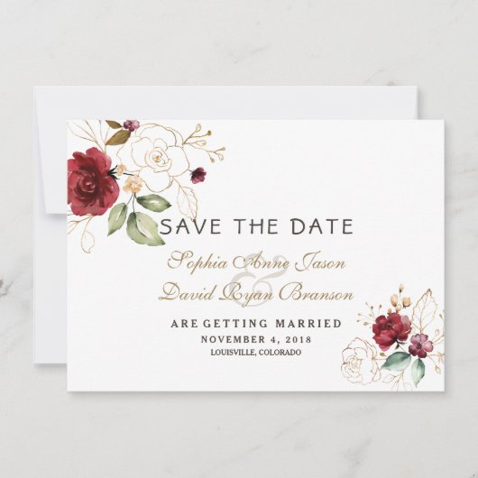 バーガンディゴールドの花の結婚式のSave The Date セーブザデート (正面)