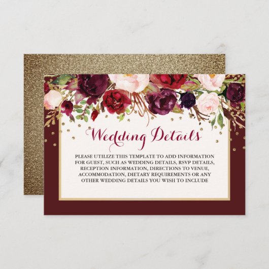 バーガンディゴールドの花柄の結婚式の披露宴の詳細 エンクロージャーカード (正面/裏面)