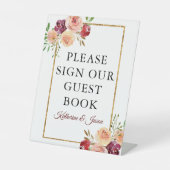 バーガンディゴールドの花柄オータムウェディングゲストブック 台座サイン (正面)