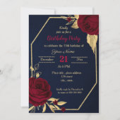 バーガンディゴールドの花柄 ネイビーブルーの誕生日パーティー 招待状 (正面)