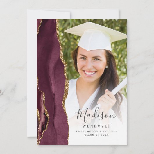 バーガンディゴールドアゲート写真卒業発表 招待状 (正面)