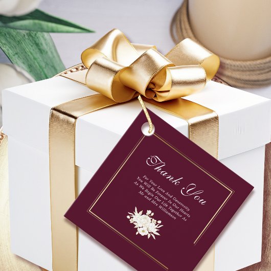 バーガンディゴールドエレガントフラワーの結婚式お礼 フェイバータグ