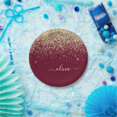 バーガンディゴールドグリッターガーリーモノグラムグリッター ペーパープレート (パーティー)