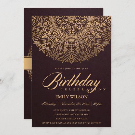 バーガンディゴールドマンダラ 40歳誕生日パーティー いつでも 招待状 (正面/裏面)