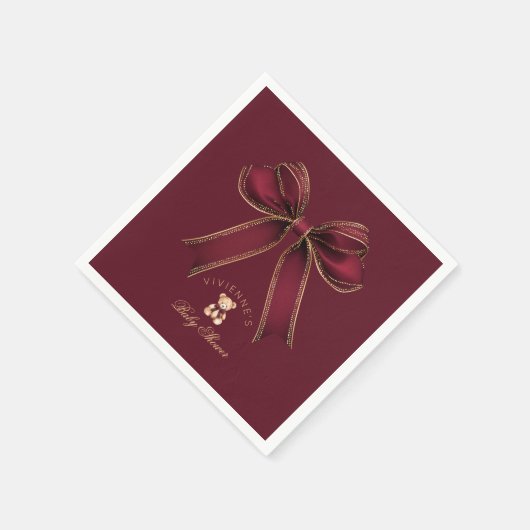 バーガンディゴールドリボン テディベア ラグジュアリー ベビーシャワー スタンダードカクテルナプキン (角)