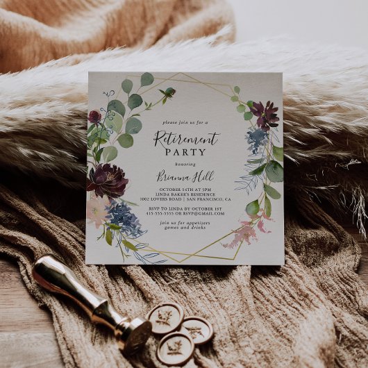 バーガンディゴールド幾何学模様の退職パーティー 招待状