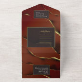 バーガンディゴールド 🌿 エレガントな濃紺の抽象的なウェディング オールインワン招待状 (外側)