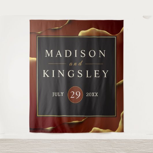 バーガンディゴールド 🌿 エレガントな濃紺の抽象的なウェディング タペストリー (正面)