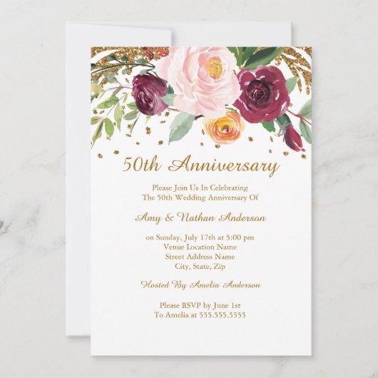 バーガンディゴールド フラワーグリッター 50周年記念 招待状 (正面)