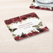 バーガンディゴールド フラワーバタフライ キンセアニエラ スクエアペーパーコースター (アングル)