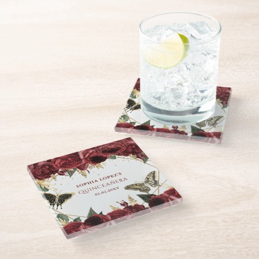 バーガンディゴールド フラワーバタフライ キンチアネラ ガラスコースター (アングル)