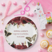 バーガンディゴールド フラワーバタフライ キンチアネラ ペーパープレート (パーティー)