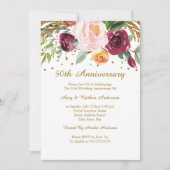 バーガンディゴールド フラワー グリッター 50周年記念 招待状 (正面)