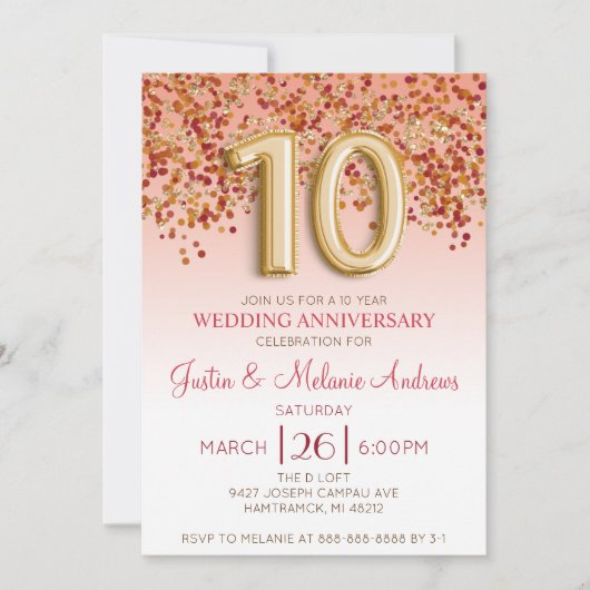 バーガンディゴールド 10周年 結婚記念日 招待状 (正面)