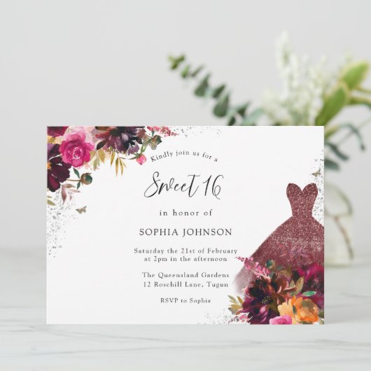 バーガンディスパークルドレスフローラスウィート16パーティー 招待状 (スタンド正面)