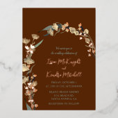 バーガンディセージ冬のウェディングエレガントバラ金ゴールド 箔招待状 (正面)