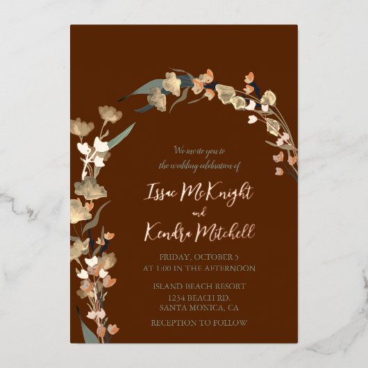 バーガンディセージ冬のウェディングエレガントバラ金ゴールド 箔招待状 (正面)