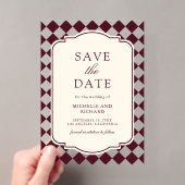 バーガンディチェック柄のクラシカルな結婚式Save the Date アクリル招待状 (インサイチュ (ポータブル))