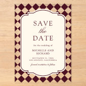バーガンディチェック柄のクラシカルな結婚式Save the Date アクリル招待状 (正面)