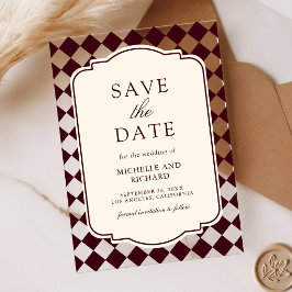 バーガンディチェック柄のクラシカルな結婚式Save the Date アクリル招待状