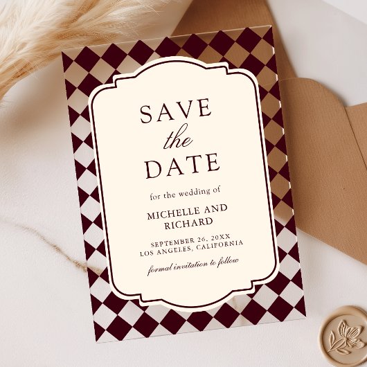 バーガンディチェック柄のクラシカルな結婚式Save the Date アクリル招待状