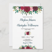 バーガンディティール(緑がかった色)水彩フローラ結婚式招待状 招待状 (正面)