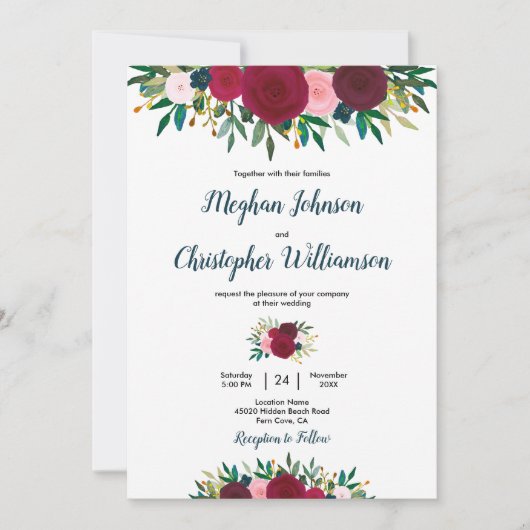 バーガンディティール(緑がかった色)水彩フローラ結婚式招待状 招待状 (正面)