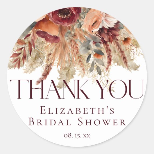 バーガンディテラコッタゴールドフラワーパンパスありがとう ラウンドシール (正面)