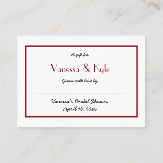 バーガンディディスプレイブライダルシャワー挿入カード+ラベル エンクロージャーカード (裏面)