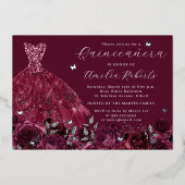 バーガンディドレスシルバーバタフライフローラ 箔招待状 (正面)