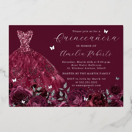 バーガンディドレスシルバーバタフライフローラ 箔招待状 (正面)