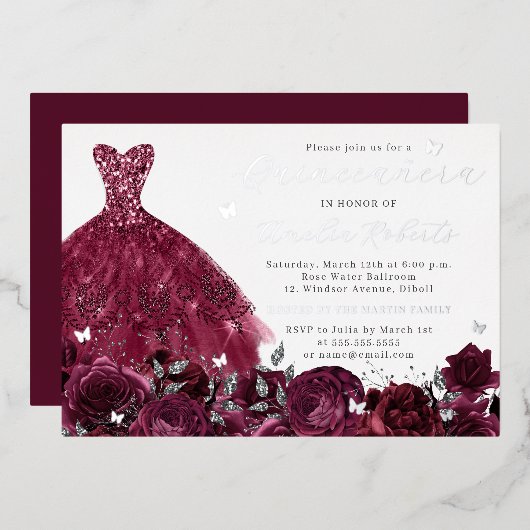 バーガンディドレスシルバーフローラ蝶 箔招待状 (正面/裏面)