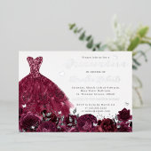 バーガンディドレスシルバーフローラ蝶 箔招待状 (立ち正面)