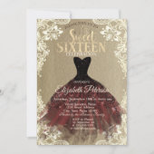 バーガンディドレス、クラウン、レースクラフトスウィート16パーティー 招待状 (正面)