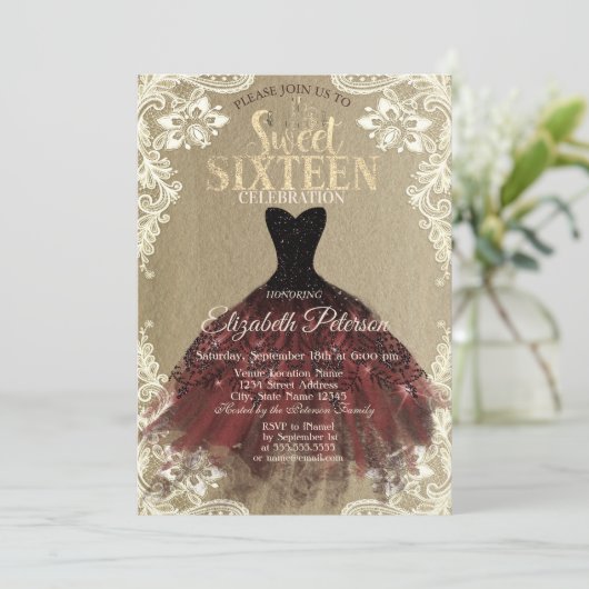 バーガンディドレス、クラウン、レースクラフトスウィート16パーティー 招待状 (スタンド正面)