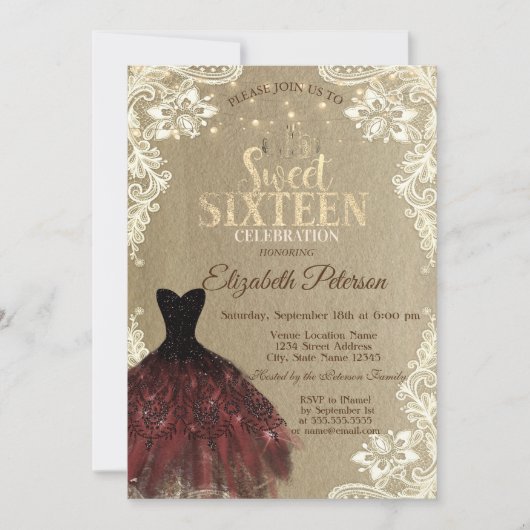 バーガンディドレス、ライト、レースクラフトスウィート16パーティー 招待状 (正面)