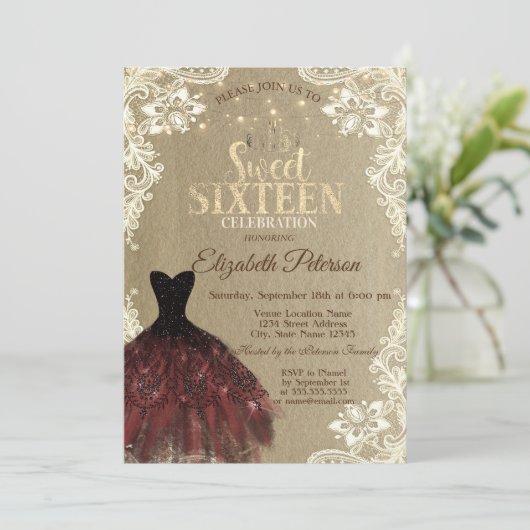 バーガンディドレス、ライト、レースクラフトスウィート16パーティー 招待状 (スタンド正面)