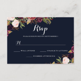 バーガンディネイビーフローラル秋の結婚式RSVP 出欠カード