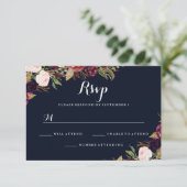 バーガンディネイビーフローラル秋の結婚式RSVP 出欠カード (スタンド正面)