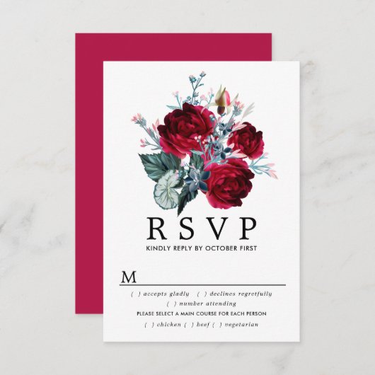 バーガンディバラウェディングRSVPカード、食事のオプション 出欠カード (正面/裏面)